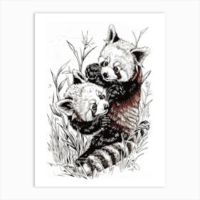 Red Panda Playing Together In A Meadow Ink Illustration 1 Art Print