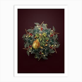 Vintage Pear Branch Fruit Wreath on Wine Red n.2753 Art Print