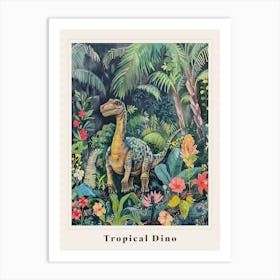 Dinosaur In Tropical Flowers Painting 1 Poster Art Print