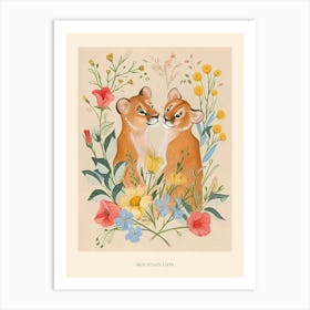 Folksy Floral Animal Drawing Mountain Lion 2 Poster Art Print