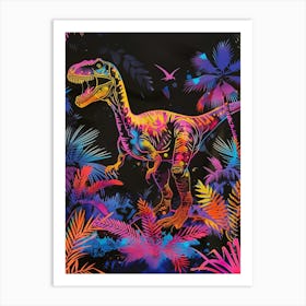 Neon T Rex In The Leaves Art Print