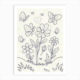 Flowers And Butterflies Coloring Pages Art Print