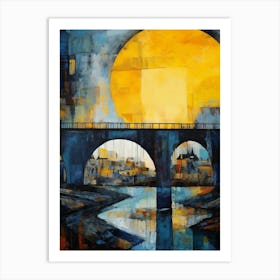 Blue Bridge with Sun II, Modern Vibrant Colorful Painting in Oil Style Art Print