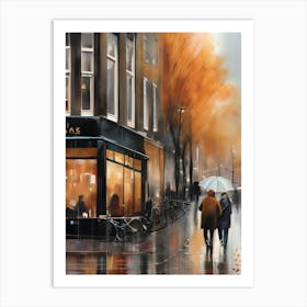 Amsterdam cafes, autumn, autumn oil colours, pastel colours, pedestrians in the street, winter clothes.2 Art Print