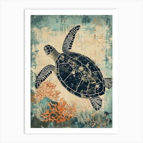 Vintage Coral & Blue Sea Turtle Art Print