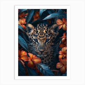 A Happy Front faced Leopard Cub In Tropical Flowers 18 Art Print