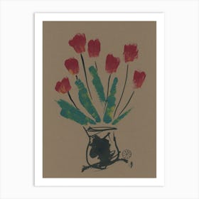 Tulips In A Vase beige dark black ink acrylic floral flowers vertical minima minimalist modern contemporary bedroom living room Art Print