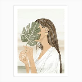 Woman Holding Leaf Boho Mid Century Modern Art Print