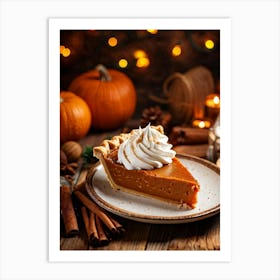 Close Up Top View Of Pumpkin Pie Slice Topped With Whipped Cream Resting On A Wooden Table Surroun (1) Art Print