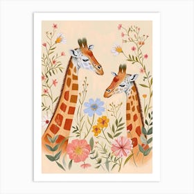 Folksy Floral Animal Drawing Giraffe Art Print