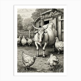 Cow And Chickens Art Print
