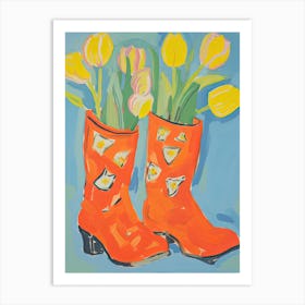 Painting Of Tulips Flowers And Cowboy Boots, Oil Style 4 Art Print