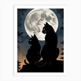 Two Black Cats Silhouettes Under A Full Moon 2 Art Print