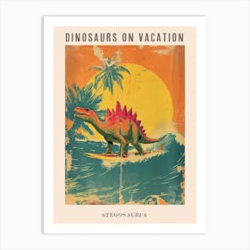 Vintage Stegosaurus Dinosaur On A Surf Board 1 Poster Art Print