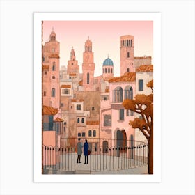 Barcelona Spain 2 Vintage Pink Travel Illustration Art Print