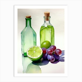 Lime and Grape near a bottle watercolor painting 4 Art Print