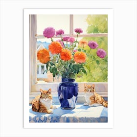 Cat With Marigold Flowers Watercolor Mothers Day Valentines 2 Art Print