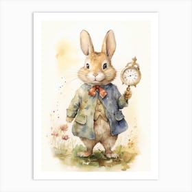 Bunny With A Clock Rabbit Prints Watercolour Art Print