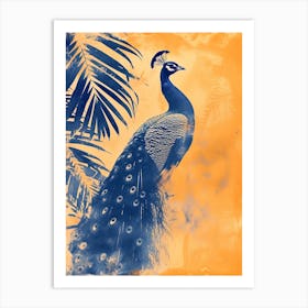 Orange & Blue Cyanotype Inspired Peacock With Tropical Leaves 2 Art Print