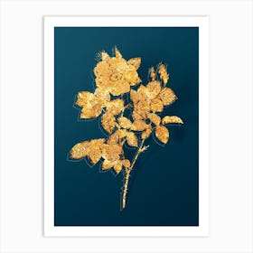 Vintage Twin Flowered White Rose Botanical in Gold on Teal Blue n.0186 Art Print