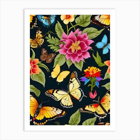 Seamless Pattern With Butterflies And Flowers 11 Art Print