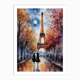 Best Witches in Paris ~ Witchy Eiffel Tower Travel Spooky Fairytale Watercolour  Art Print