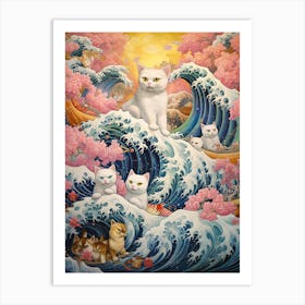 The Great Wave Off Kanagawa With Cats Kitsch Art Print