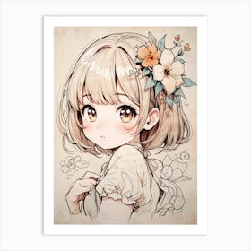 Anime Girl With Flowers 1 Art Print