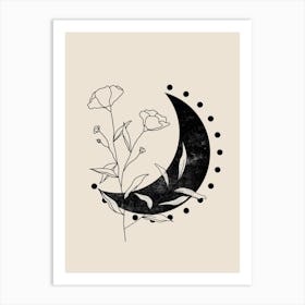 Boho Moon And Line Flowers in Black and Beige Art Print
