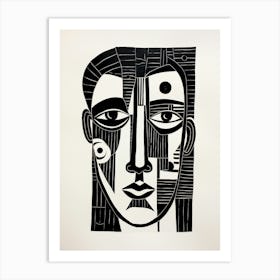 Linocut Inspired Face Black & White 2 Art Print