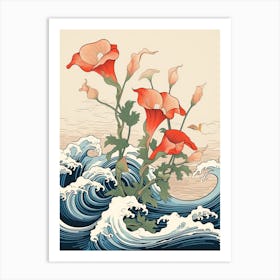 Great Wave With Calla Lily Flower Drawing In The Style Of Ukiyo E 3 Art Print