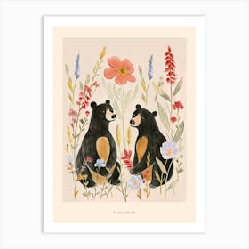 Folksy Floral Animal Drawing Black Bear Poster Art Print
