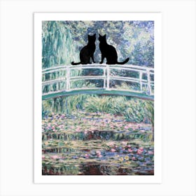 Cats in Love on Monet's Garden Bridge Giverny - Claude Money Black Cat Art Prints Funny Wall Decor in HD Art Print