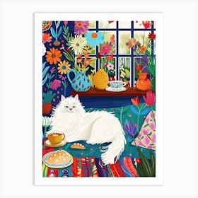 Tea Time With A White Fluffy Cat 1 Art Print