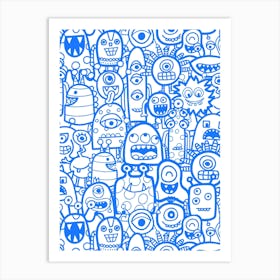 Cute Clusters of Monsters and Aliens Blue and White Kids Art Print