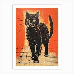 Black Cat, Woodblock Animal  Drawing 5 Art Print