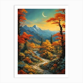 Woodland Trail Forest Outdoors Nature Moon Mountains Pathway Landscape Scene Fall Autumn Leaves Trees Foliage Path Sunset Woods Twilight Art Print