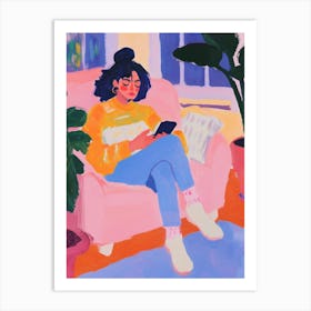 Girl with Phone Gouache Painting Art Print