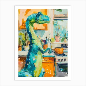 Dinosaur Cooking In The Kitchen Blue Brushstrokes 3 Art Print
