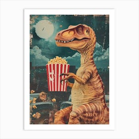 Dinosaur Eating Popcorn Retro Collage 1 Art Print