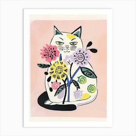 Cute Kitty Cat With Flowers Illustration 1 Art Print
