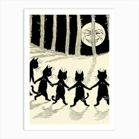 The Wink by Louis Wain - Famous Vintage Black Cats Dancing by The Smiling Full Moon - Retro Kitties Dance in the Moonlit Forest - Witchy Pagan Fairytale Magic Art Print