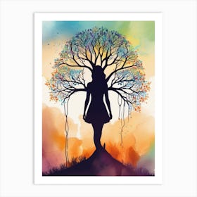 Tree Of Life and Woman Silhouette Watercolor Splash 1 Art Print