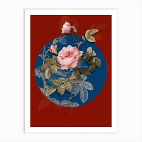 Vintage Botanical Pink Rose Turbine on Circle Blue on Red n.0242 Art Print