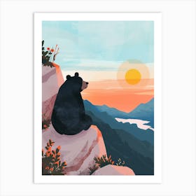American Black Bear Looking At A Sunset From A Mountain Storybook Illustration 1 Art Print
