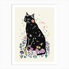 Cute Black Cat With Flowers Illustration 8 Art Print