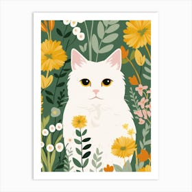 White Cat In Flowers 1 Art Print