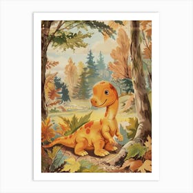 Dinosaur In The Autumn Leaves Storybook Style 1 Art Print