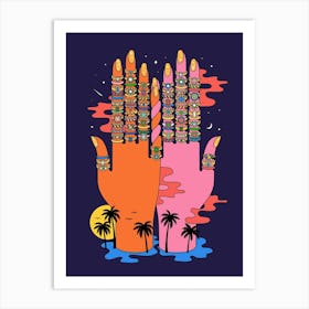 Mystic Traveller Hands Jeweled Rings Palm Trees And Stars Art Print