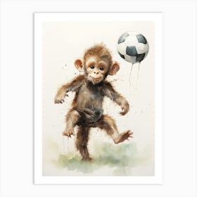 Monkey Painting Playing Soccer Watercolour 2 Art Print